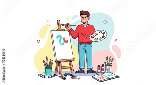 Young Artist Creating Colorful Strokes on Canvas With The Palette and Brush