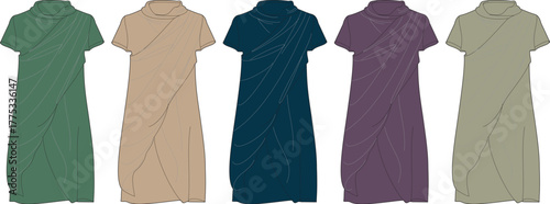 Collection of five draped cowl neck short sleeve dresses in different colors displayed on white background