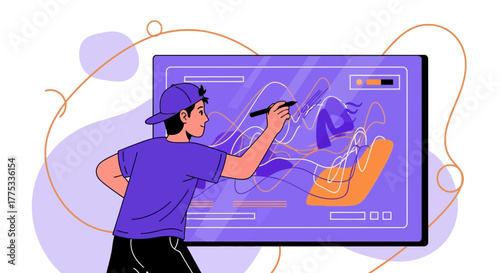 Young Artist Designing Digital Art Composition on Modern Interactive Display Screen