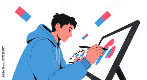 Young Artist Designing Digital Art with Stylus on Tablet Screen in Modern Style