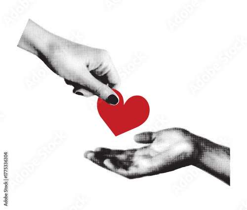 Two hands exchanging a red heart symbol. Black and white vector halftone illustration isolated on a white background. Conceptual for charity, medicine, kindness, love, and health.