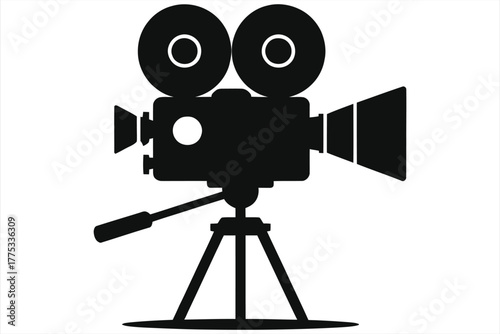 Vintage movie camera silhouette on tripod, retro film camera icon, classic cinematography equipment, black and white vector illustration, old video camera clipart isolated on white background