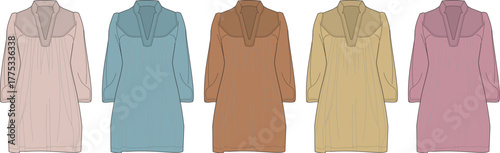 A collection of women's long-sleeve tunic dresses with a stylish collar and V-neckline, presented as a fashion flat sketch in multiple color options