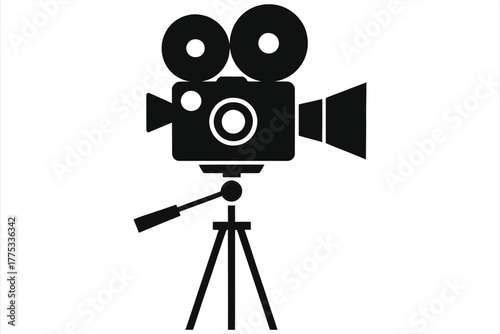 Vintage reel movie camera on tripod silhouette, retro film camera icon, classic cinematography equipment, black and white vector illustration, old video camera clipart isolated on white background