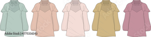 Stylish illustrated collection of women's long-sleeve turtlenecks, featuring subtle ruffle details and diverse color palettes, perfect for fashion and clothing concepts