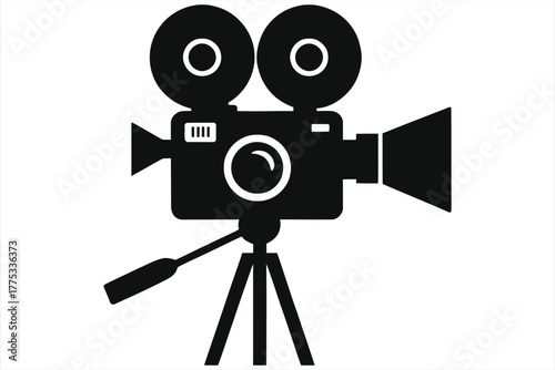 Vintage movie camera silhouette on tripod retro film reel camera icon classic cinema equipment black and white minimalist flat design perfect for branding editorial print web social media advertising.