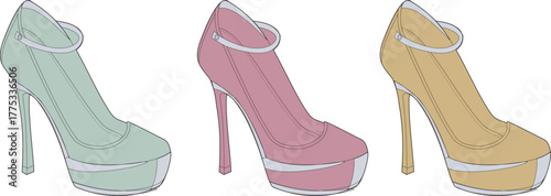 A colorful collection of elegant women's platform high-heeled shoes with ankle straps, isolated on a white background vector illustration