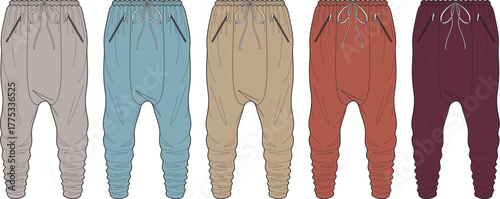Collection of modern, casual sweatpants in various earth tones and soft colors, featuring drawstring waistbands and tapered legs for ultimate comfort and style