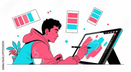Young Designer Illustrating on a Digital Tablet, Creative and Colorful Graphic Design Process