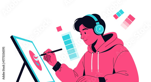 Young Designer Wearing Headphones Working On A Graphics Tablet With Color Swatches