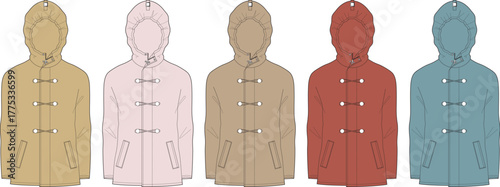 Collection of stylish outerwear coat designs featuring various colors and button closures for fashion and apparel