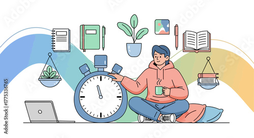 Young Individual Concentrated On Time Management And Productivity With Essentials