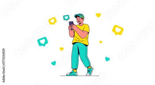 Young Male Walking While Using Phone, Surrounded By Social Media Like Symbols