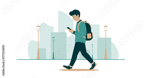 Young Man Checks Phone While Walking in Urban Scene with Backpack Vector Illustration