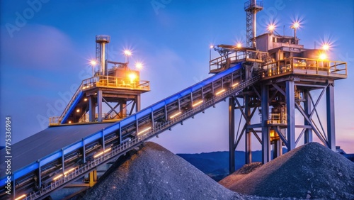 Coal processing factory at night with blue conveyor belt