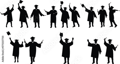 Graduation silhouettes, students celebrating success, academic achievement, throwing caps, group ceremony, education milestone, teamwork, future opportunities, higher learning