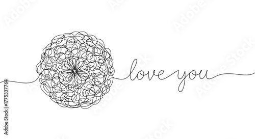 One continuous line art illustration of a tangled ball and the words 'love you', drawn in a single line