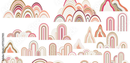 Abstract landscape illustration features layered mountain and arch shapes in muted colors, evoking a serene and modern aesthetic with a minimalist design on white backdrop