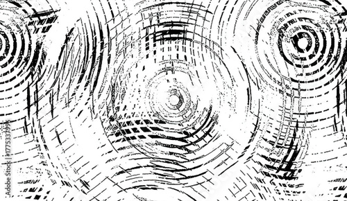 Abstract geometric pattern featuring black concentric circles and dashed lines against a clean white backdrop, evoking a sense of modern and distressed texture