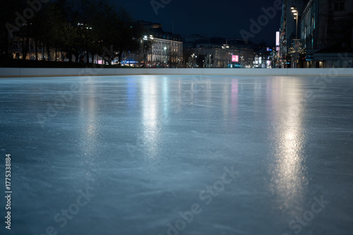 mesmerizing ice rink adorned with digital traces left on icy surface reflecting vibrant city lights