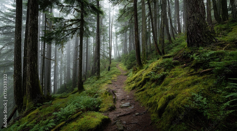 Fototapeta premium Misty forest path winding upward through tall trees