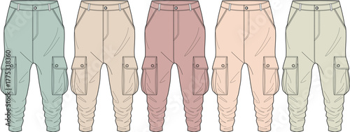 Set of technical flat sketches of cargo jogger pants in various pastel colors. Streetwear utility fashion template for apparel design and clothing collection