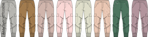 Colorful Variety of Stylish Cargo Pants in a Row Perfect for Fashion and Apparel Design