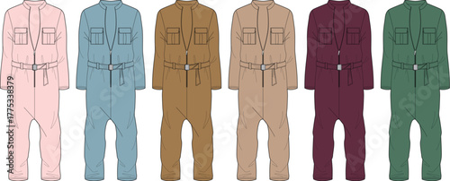 Flat vector illustrations of identical utility jumpsuits in a diverse spectrum of trending colors. Ideal for modern fashion design, lifestyle concepts and apparel display