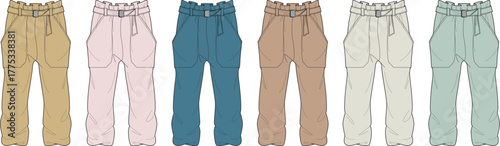 Fashion flat illustrations of children's casual pants. Six unique designs with elasticated waists and gathered cuffs in diverse pastel colors, ideal for apparel design projects