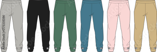 Collection of Six Pairs of Casual Jogger Pants in Different Colors on a White Background