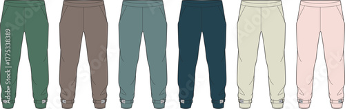 Assortment of comfortable jogger pants and sweatpants in various appealing colors, perfect for casual fashion, athletic wear designs, and versatile modern apparel