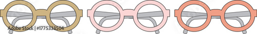 Round eyeglasses in various colors yellow, pink, and coral, showcasing a simple yet stylish design suitable for fashion and accessories