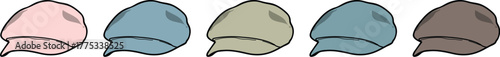 A collection of illustrated flat color hats, in pastel shades, on a plain white background for design