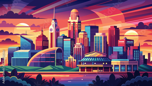 Very beautiful sunset skyline of Kansas City, Missouri, USA, showcasing the city’s iconic architecture, illuminated skyscrapers, and vibrant urban landscape under a colorful evening sky.