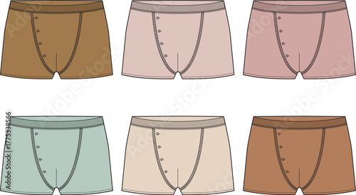 Vector illustrations of men's comfortable boxer briefs, a diverse collection in soft pastel and earthy colors, highlighting essential modern underwear fashion for everyday comfort