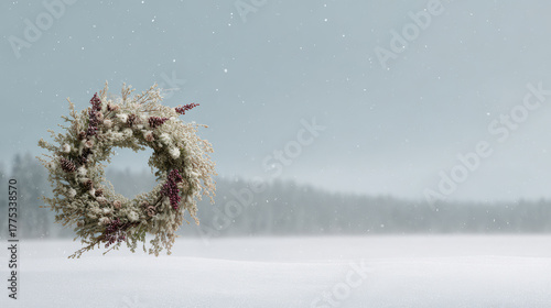 beautiful christmas wreath adorned with virtual snowflakes floats in snowy landscape