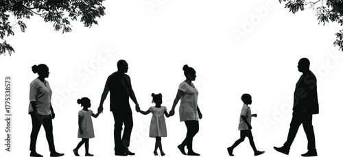 Φωτογραφία Silhouette family walking together outdoors, parents and children holding hands,