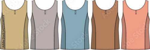 A vibrant collection of five diverse sleeveless tops, showcasing a modern half-zip design in a range of earthy and soft pastel hues, perfect for contemporary fashion and apparel design concepts