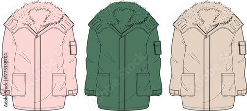 Versatile and cozy winter parka jacket designs featuring warm fur-lined hoods, presented in a collection of varied stylish colors, perfect for cold weather apparel