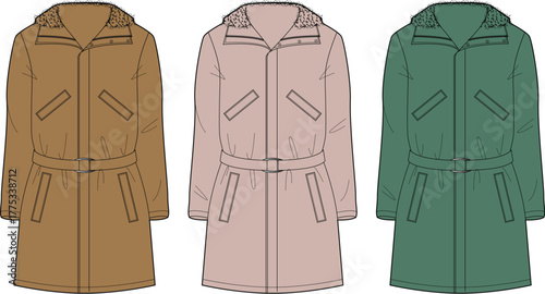 Set of women's hooded parka jackets with a belt and drawstring waist. Technical flat fashion sketch vector illustration in multiple colorways