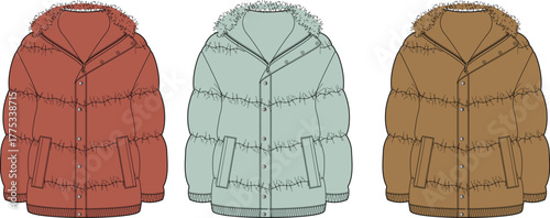 A versatile collection of stylish hooded puffer jackets in a modern flat design, showcasing different color options ideal for winter fashion and cold weather protection