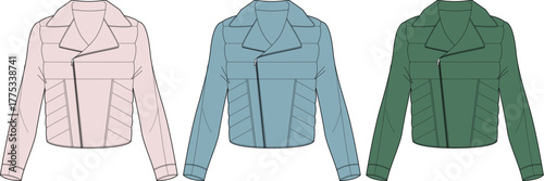 Stylish flat sketch of three women's cropped puffer jackets in soft pink, serene blue, and deep green. Ideal illustration for modern autumn and winter apparel design concepts