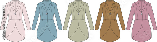 A row of five tailcoats in pastel shades of pink, blue, beige, brown, and lavender