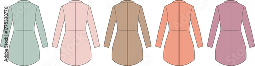 Fashionable shirt dress designs in various pastel colors, showcasing a modern and elegant style for women's wardrobe