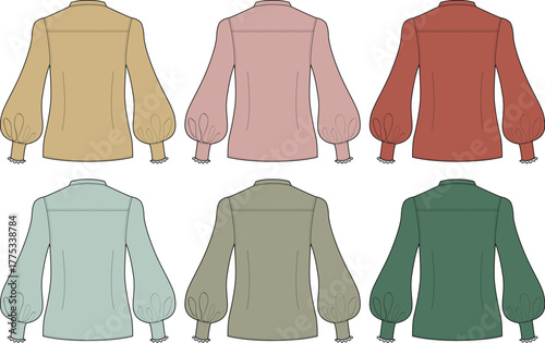 Fashion flat illustrations of women's blouses with stylish bishop sleeves and gathered cuffs. Six distinct solid color versions for apparel design and pattern creation