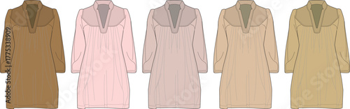 A set of technical flat sketches showing a women's tunic dress with a stylish collar in multiple colorways. Fashion design and apparel template vector illustration