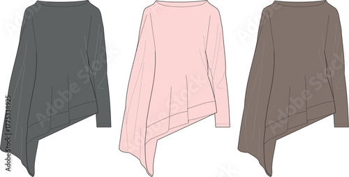 Fashion Flat Sketch Assorted Asymmetrical Tunics in Neutral Tones - Clothing Design Illustration