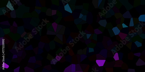 Dark abstract background with a scattered pattern of irregular geometric shapes illuminated by glowing purple and blue neon lights