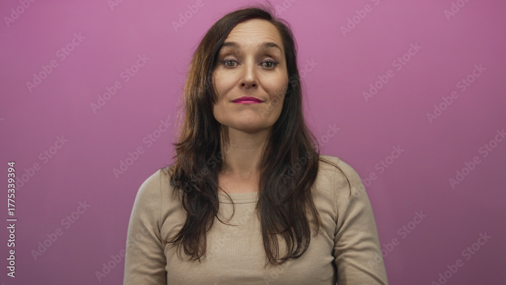 Obraz premium Young hispanic woman wearing beige sweater shows thumbs up gesture in pink wall studio; approval confidence positivity.