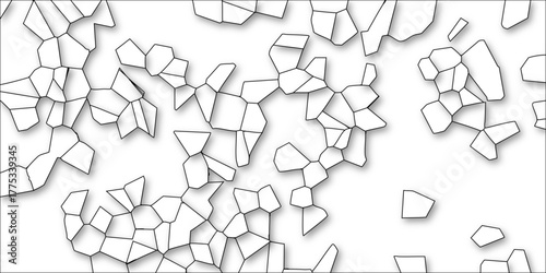 White background with a scattered arrangement of irregular geometric shapes outlined in black with subtle drop shadows, abstract organic pattern